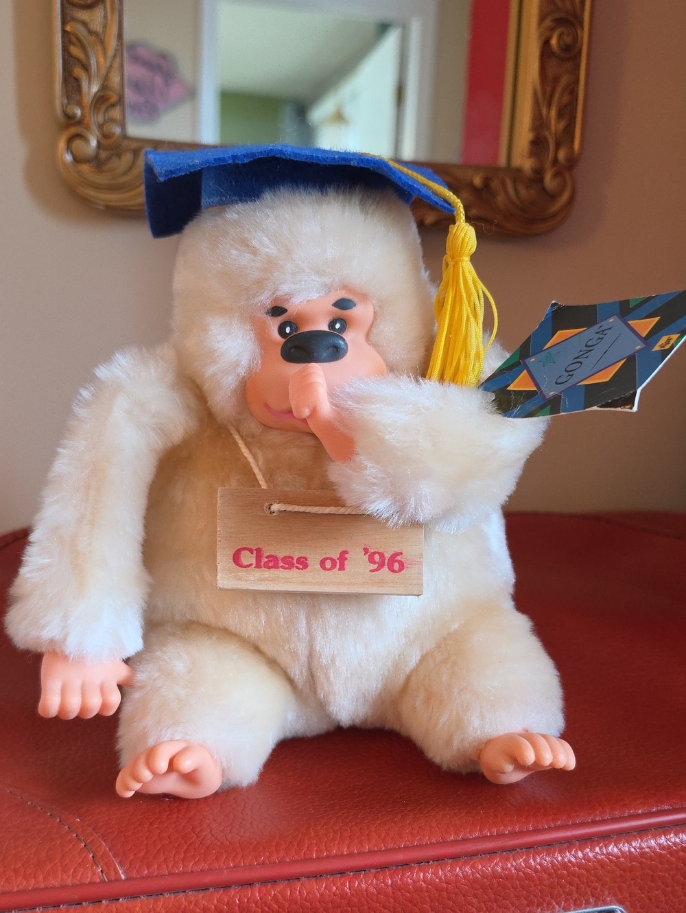 Vtg GONCA Graduation Monkey Plush Toy - Cream with Blue Cap (Class of '96)